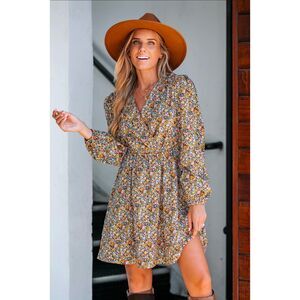 Cupshe Yellow Floral Ditsy Peasant Long Sleeve Dress Size S NWT